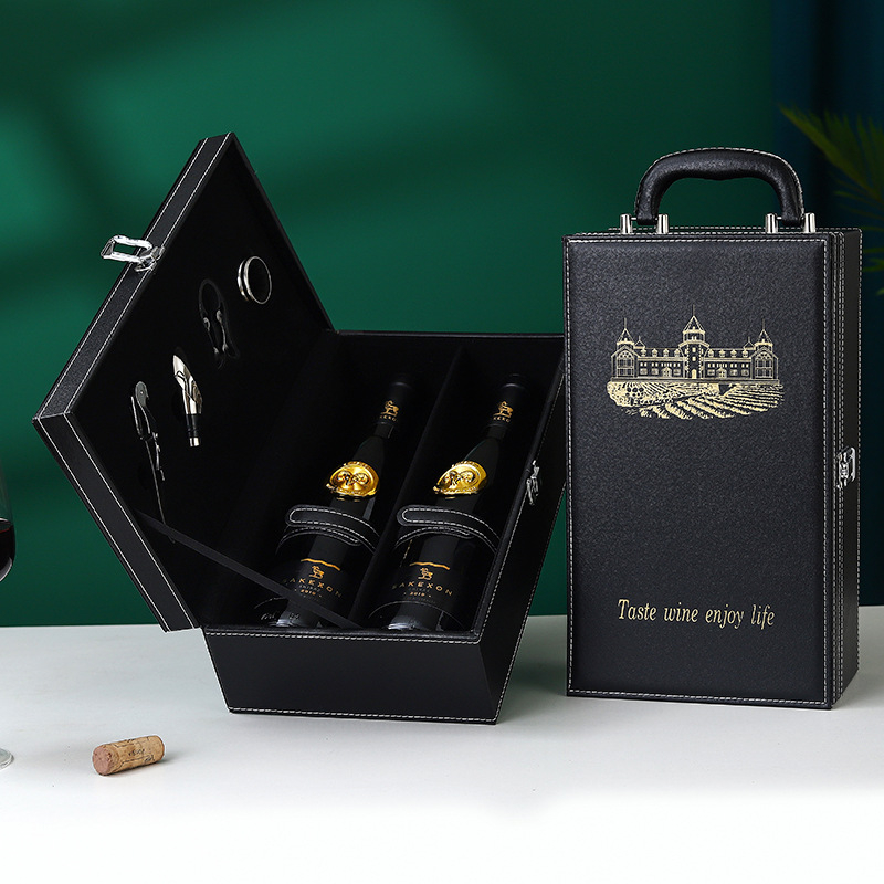 Cutie cadou din piele pentru două sticle de vin roșu, ambalaj negru
