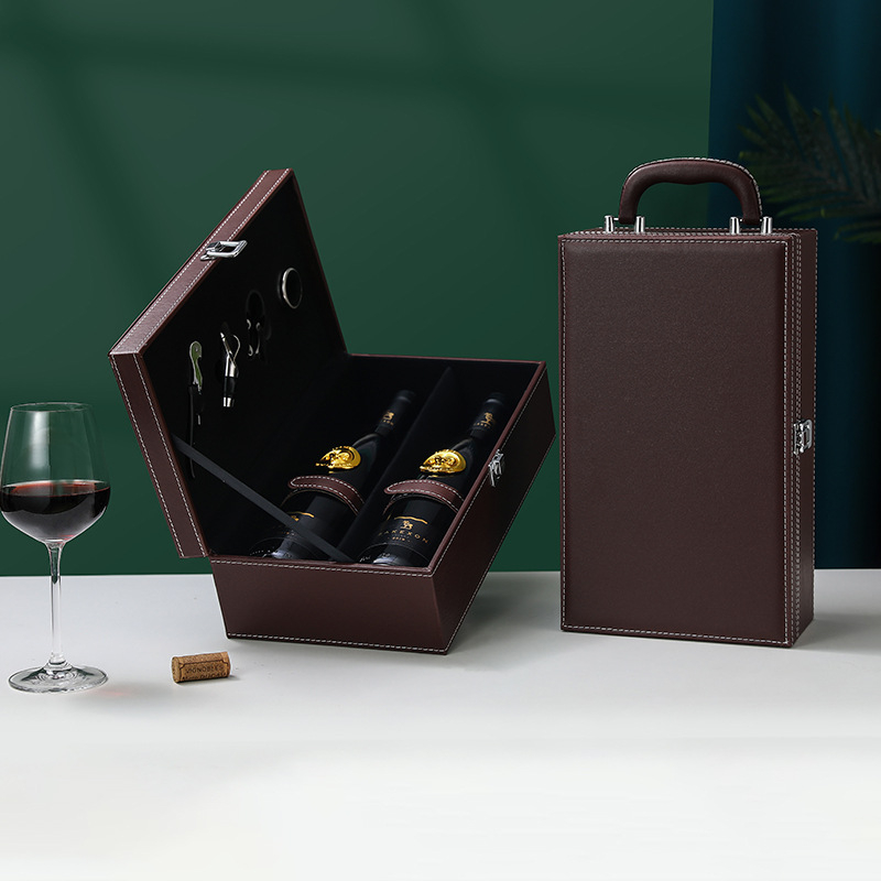 Cutie cadou din piele pentru două sticle de vin roșu, ambalaj negru