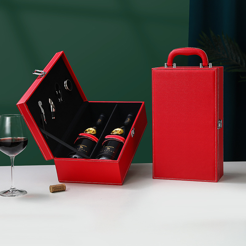 Cutie cadou din piele pentru două sticle de vin roșu, ambalaj negru