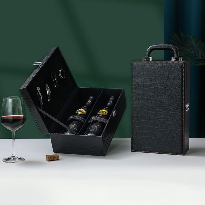 Cutie cadou din piele pentru două sticle de vin roșu, ambalaj negru