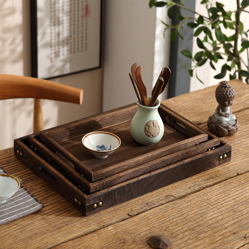 Tavă din lemn în stil japonez, lemn ars, dreptunghiulară, pentru uz casnic, ceai și fructe, design vintage