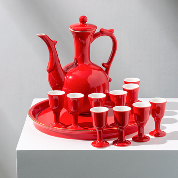 Set ceramic pentru vin cu distribuitor, pahare de toast pentru nuntă, pahare înalte, încălzitor de vin și tavă în stil chinezesc.
