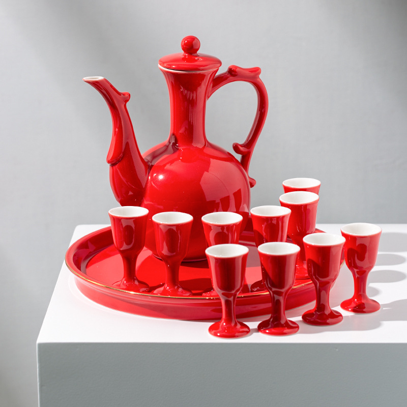 Set ceramic pentru vin cu distribuitor, pahare de toast pentru nuntă, pahare înalte, încălzitor de vin și tavă în stil chinezesc.