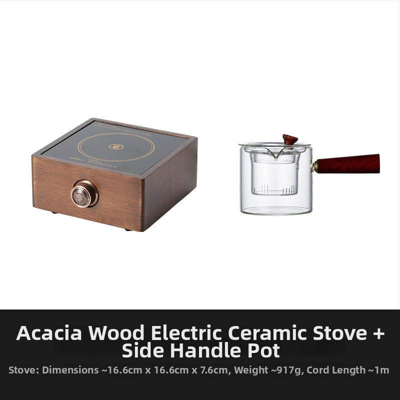 Ceainic din sticlă cu mâner din lemn de nuc, pentru plită electrică ceramică, mic aparat de preparare a ceaiului cu separare ceai-apă