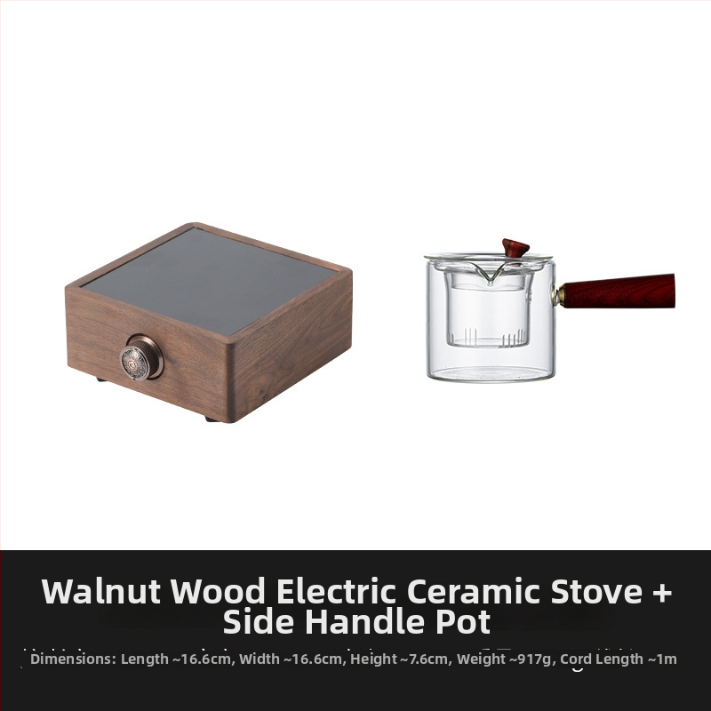 Ceainic din sticlă cu mâner din lemn de nuc, pentru plită electrică ceramică, mic aparat de preparare a ceaiului cu separare ceai-apă