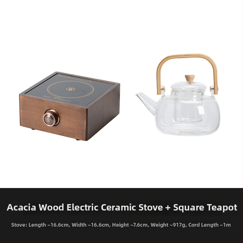 Ceainic din sticlă cu mâner din lemn de nuc, pentru plită electrică ceramică, mic aparat de preparare a ceaiului cu separare ceai-apă