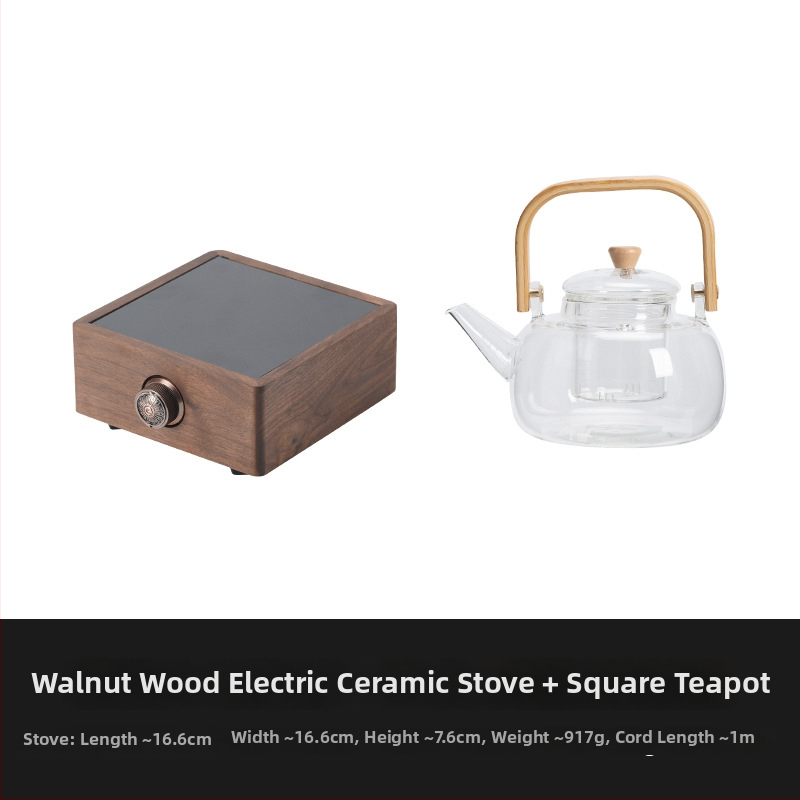 Ceainic din sticlă cu mâner din lemn de nuc, pentru plită electrică ceramică, mic aparat de preparare a ceaiului cu separare ceai-apă