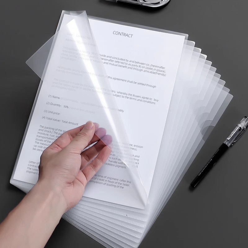Mapă A4 transparentă în formă de L, cu capac pentru două pagini, îngroșată, buzunar pentru documente de o singură pagină, organizator de documente