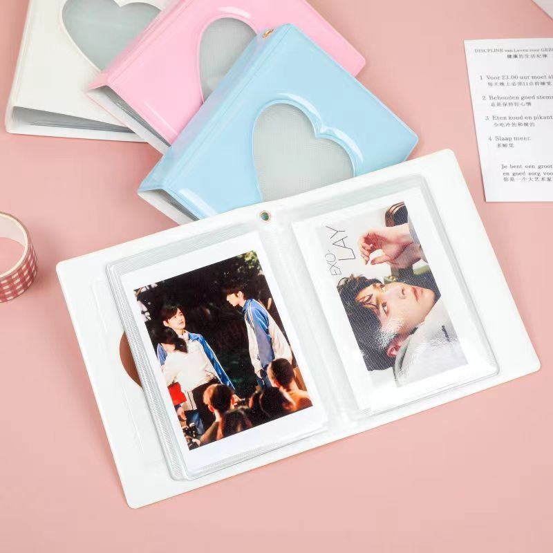 Album mic pentru carduri cu decupaj în formă de inimă și suprafață oglindită, copertă uni, pentru fotografii Polaroid de 2x3 inch, depozitare pentru fani