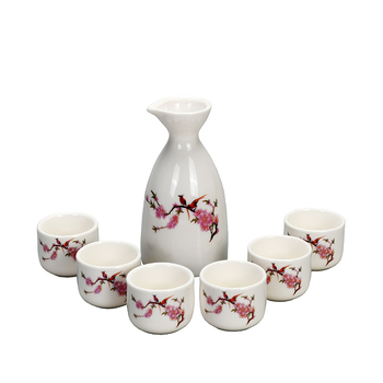 Set ceramic pentru vin cu o oală de porțelan și șase pahare, stil vintage, logo personalizat.