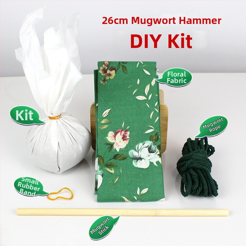 Mugwort kladivo – Ručne vyrobené DIY masážne kladivo so saténovým brokátovým materiálovým balíčkom (polovytvorený wellness kladivo)