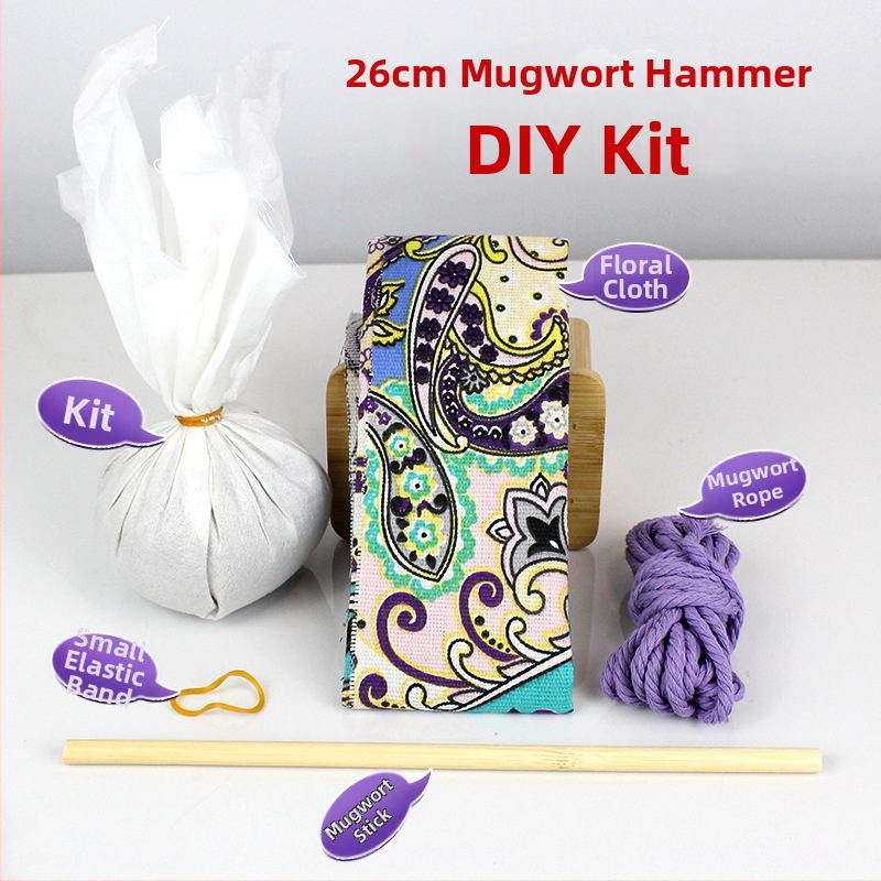 Mugwort kladivo – Ručne vyrobené DIY masážne kladivo so saténovým brokátovým materiálovým balíčkom (polovytvorený wellness kladivo)