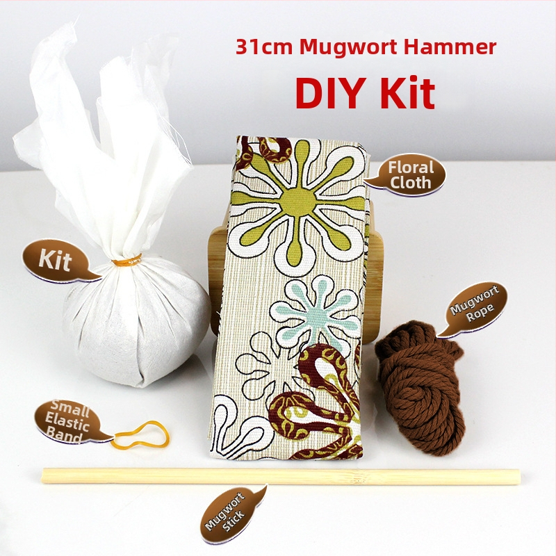 Mugwort kladivo – Ručne vyrobené DIY masážne kladivo so saténovým brokátovým materiálovým balíčkom (polovytvorený wellness kladivo)