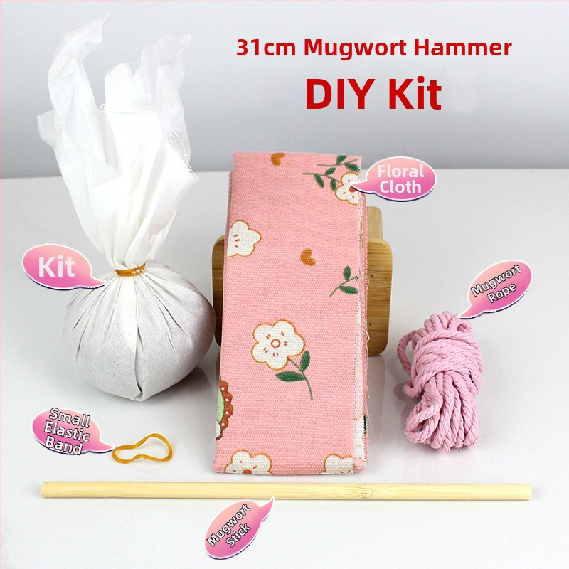 Mugwort kladivo – Ručne vyrobené DIY masážne kladivo so saténovým brokátovým materiálovým balíčkom (polovytvorený wellness kladivo)