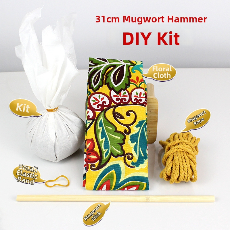Mugwort kladivo – Ručne vyrobené DIY masážne kladivo so saténovým brokátovým materiálovým balíčkom (polovytvorený wellness kladivo)