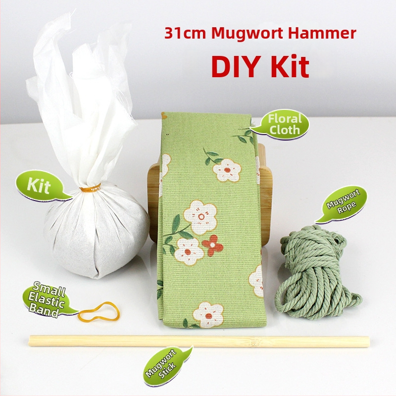Mugwort kladivo – Ručne vyrobené DIY masážne kladivo so saténovým brokátovým materiálovým balíčkom (polovytvorený wellness kladivo)