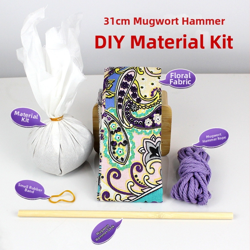Mugwort kladivo – Ručne vyrobené DIY masážne kladivo so saténovým brokátovým materiálovým balíčkom (polovytvorený wellness kladivo)