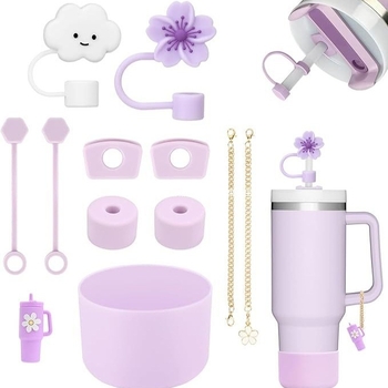 Set de accesorii din silicon pentru pahar de apă, lanț floral mov-bej, capac pentru pai cu floare de cireș, dop anti-scurgere și husă pentru pahar