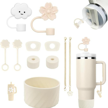 Set de accesorii din silicon pentru pahar de apă, lanț floral mov-bej, capac pentru pai cu floare de cireș, dop anti-scurgere și husă pentru pahar