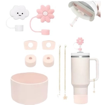 Set de accesorii din silicon pentru pahar de apă, lanț floral mov-bej, capac pentru pai cu floare de cireș, dop anti-scurgere și husă pentru pahar