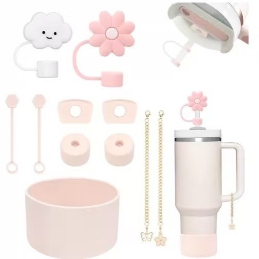 Set de accesorii din silicon pentru pahar de apă, lanț floral mov-bej, capac pentru pai cu floare de cireș, dop anti-scurgere și husă pentru pahar