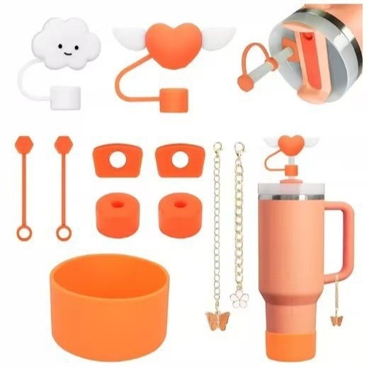 Set de accesorii din silicon pentru pahar de apă, lanț floral mov-bej, capac pentru pai cu floare de cireș, dop anti-scurgere și husă pentru pahar