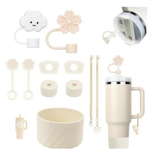 Set de accesorii din silicon pentru pahar de apă, lanț floral mov-bej, capac pentru pai cu floare de cireș, dop anti-scurgere și husă pentru pahar