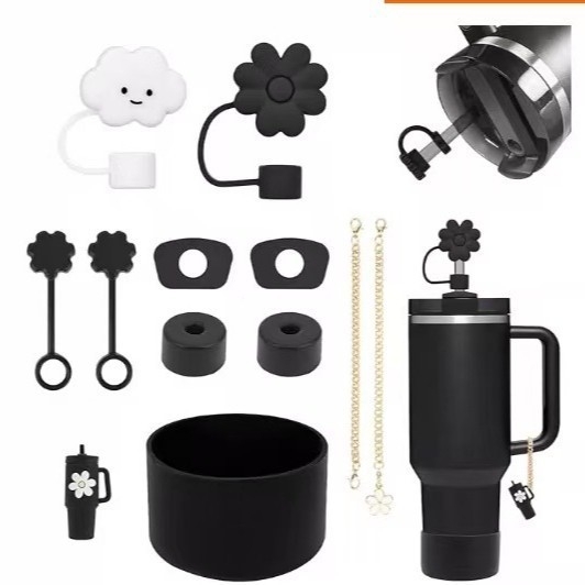 Set de accesorii din silicon pentru pahar de apă, lanț floral mov-bej, capac pentru pai cu floare de cireș, dop anti-scurgere și husă pentru pahar