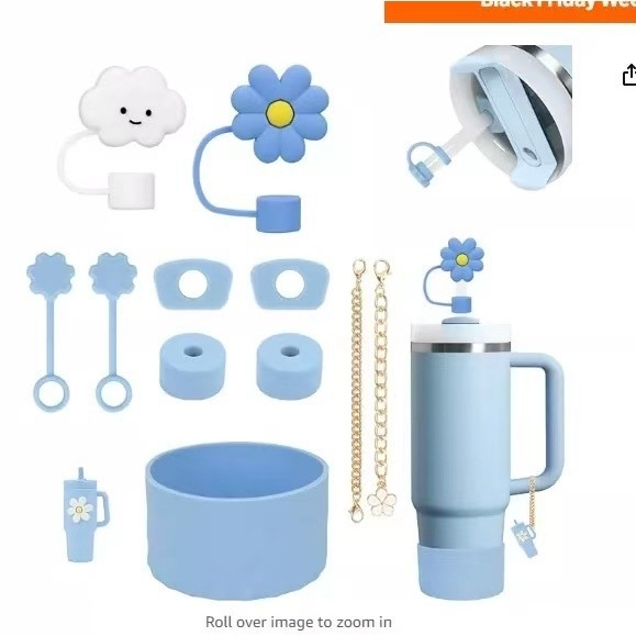 Set de accesorii din silicon pentru pahar de apă, lanț floral mov-bej, capac pentru pai cu floare de cireș, dop anti-scurgere și husă pentru pahar