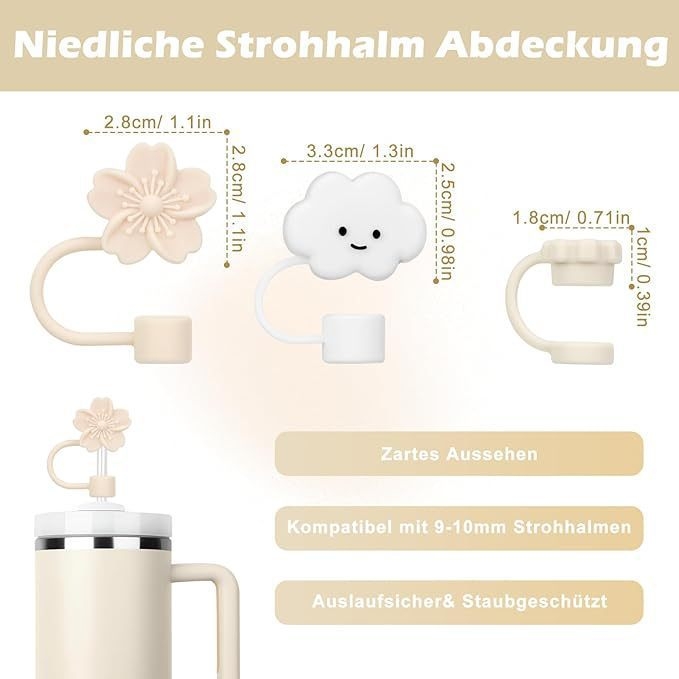 Set de accesorii din silicon pentru pahar de apă, lanț floral mov-bej, capac pentru pai cu floare de cireș, dop anti-scurgere și husă pentru pahar