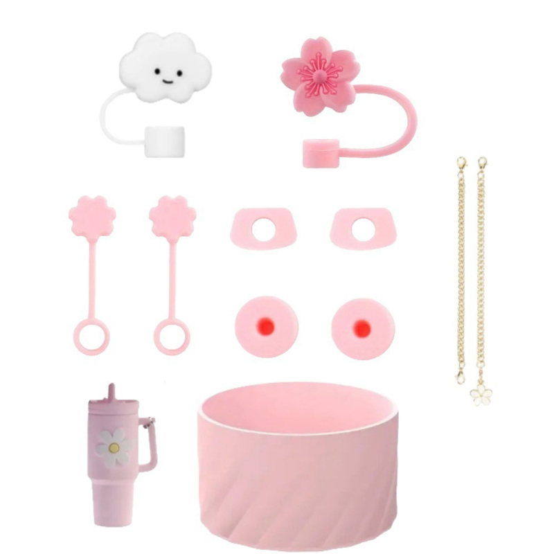 Set de accesorii din silicon pentru pahar de apă, lanț floral mov-bej, capac pentru pai cu floare de cireș, dop anti-scurgere și husă pentru pahar