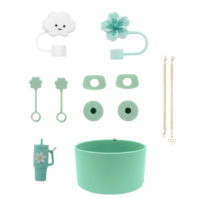 Set de accesorii din silicon pentru pahar de apă, lanț floral mov-bej, capac pentru pai cu floare de cireș, dop anti-scurgere și husă pentru pahar