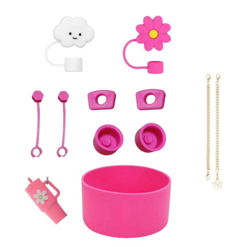 Set de accesorii din silicon pentru pahar de apă, lanț floral mov-bej, capac pentru pai cu floare de cireș, dop anti-scurgere și husă pentru pahar