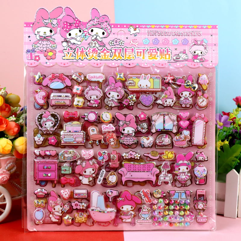 Jiubelle Autocolante pentru copii, 2 straturi, 3D – Kuromi, Melody, Sanrio, Capibara, Labubu, Autocolante cu bule