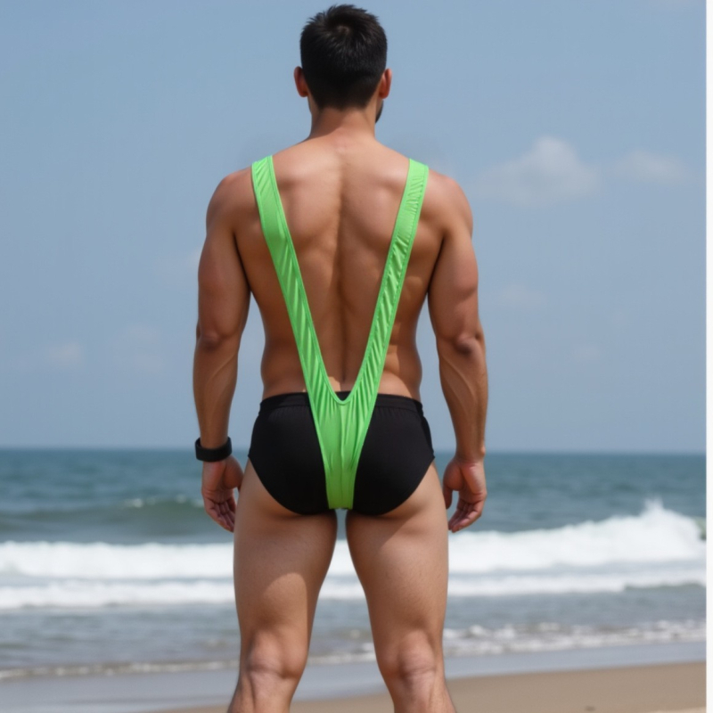 Férfiaknak szexi fehérnemű: V‑formájú pántos egyrészes bodysuit, rugalmas, thong stílus