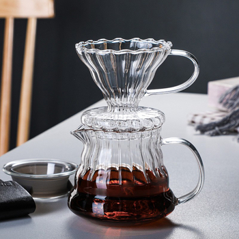 Set cafea din sticlă borosilikată de înaltă calitate cu oală și ceașcă, filtru integrat, stil american pour-over, model cu dungi verticale