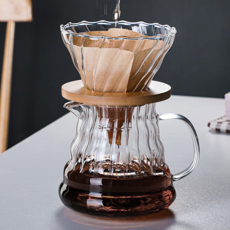 Set cafea din sticlă borosilikată de înaltă calitate cu oală și ceașcă, filtru integrat, stil american pour-over, model cu dungi verticale