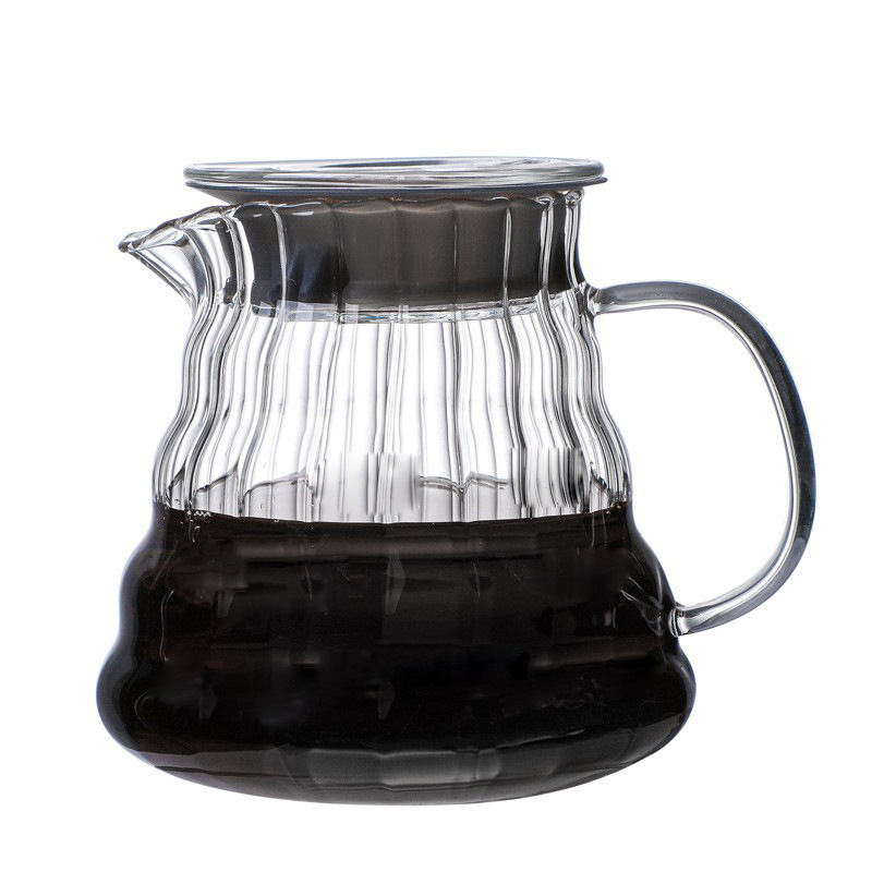 Set cafea din sticlă borosilikată de înaltă calitate cu oală și ceașcă, filtru integrat, stil american pour-over, model cu dungi verticale