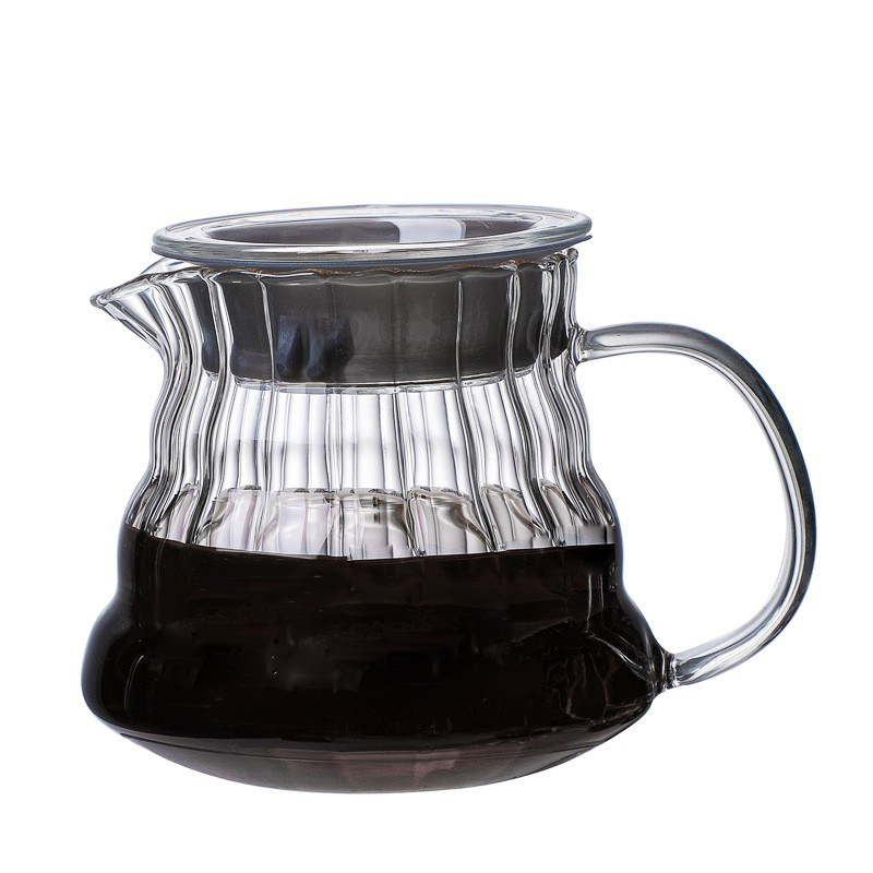 Set cafea din sticlă borosilikată de înaltă calitate cu oală și ceașcă, filtru integrat, stil american pour-over, model cu dungi verticale