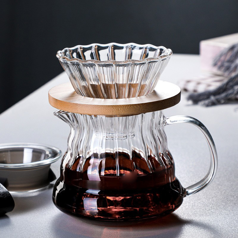 Set cafea din sticlă borosilikată de înaltă calitate cu oală și ceașcă, filtru integrat, stil american pour-over, model cu dungi verticale