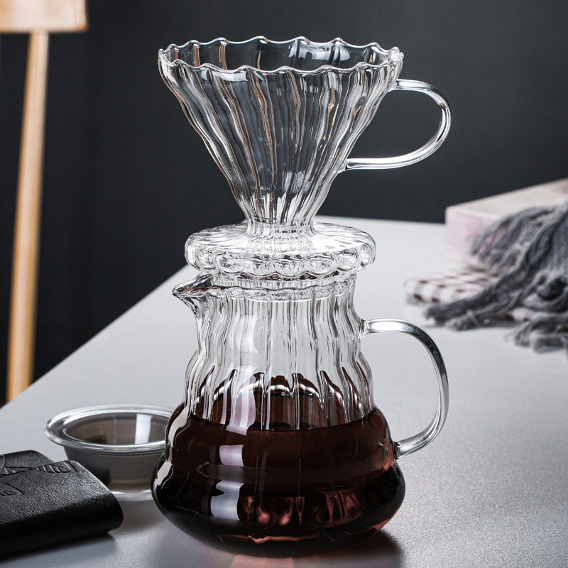 Set cafea din sticlă borosilikată de înaltă calitate cu oală și ceașcă, filtru integrat, stil american pour-over, model cu dungi verticale