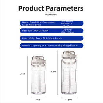 Sticlă de apă din plastic transparent, capacitate 2000 ml, cu pai, portabilă, pentru bărbați, femei și studenți