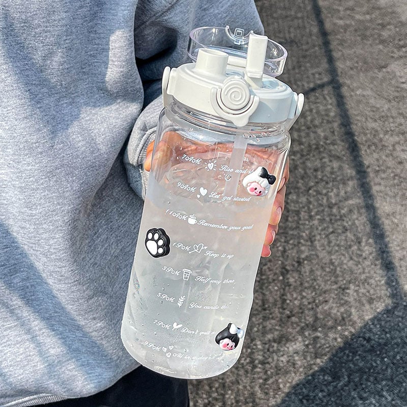 Sticlă de apă din plastic transparent, capacitate 2000 ml, cu pai, portabilă, pentru bărbați, femei și studenți