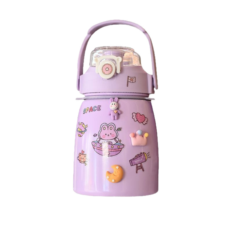 Termos pentru copii 900 ml, cu curea de umăr, design cu corp mare, interior din oțel inoxidabil 304, exterior din oțel inoxidabil 201, cu pai și capac filetat