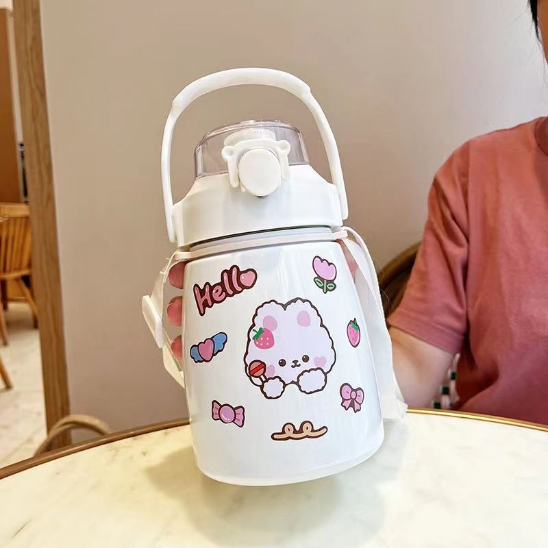 Termos pentru copii 900 ml, cu curea de umăr, design cu corp mare, interior din oțel inoxidabil 304, exterior din oțel inoxidabil 201, cu pai și capac filetat