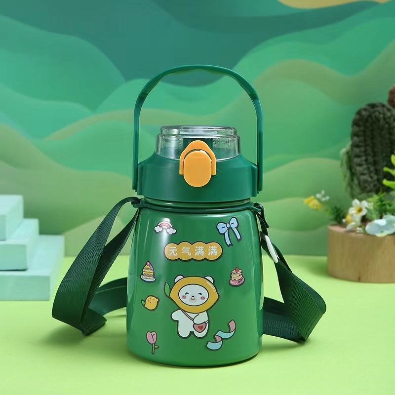 Termos pentru copii 900 ml, cu curea de umăr, design cu corp mare, interior din oțel inoxidabil 304, exterior din oțel inoxidabil 201, cu pai și capac filetat