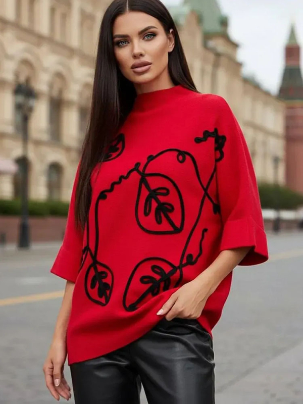 Női oversize pulóver rövid ujjú, virágmintás, laza szabású, plusz méret