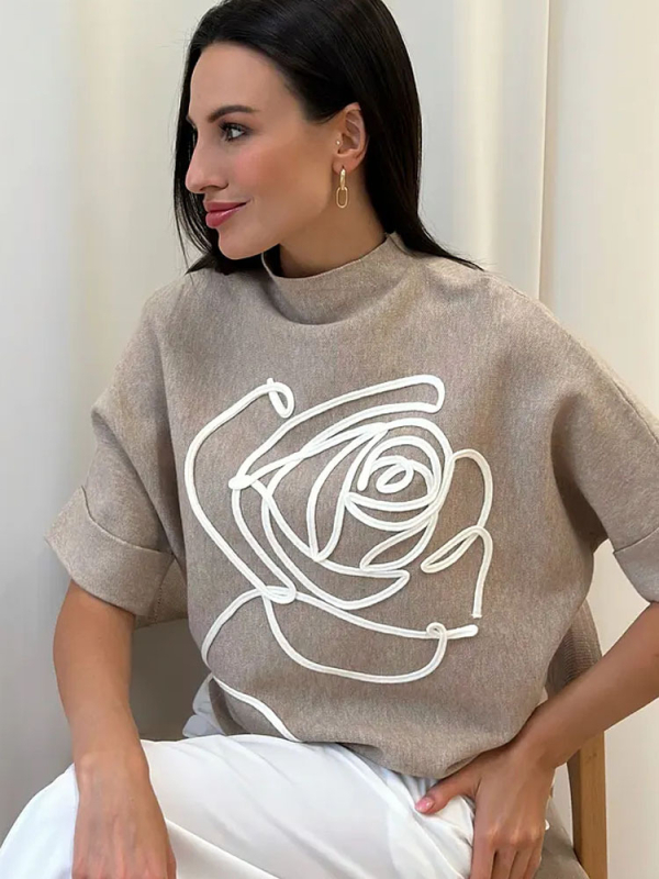 Női oversize pulóver rövid ujjú, virágmintás, laza szabású, plusz méret