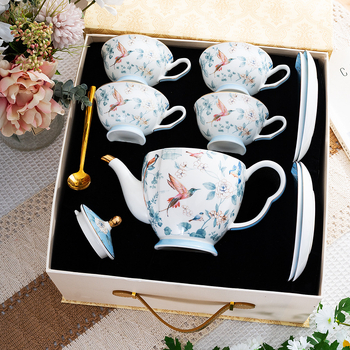 Set ceai după-amiază în stil englezesc, o ceainică și patru cești, model floral cu păsări, căni și farfurioare din ceramică, cutie cadou elegantă, cadou pentru casa nouă