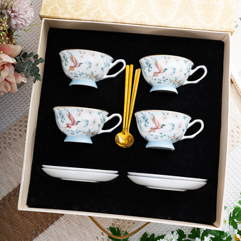 Set ceai după-amiază în stil englezesc, o ceainică și patru cești, model floral cu păsări, căni și farfurioare din ceramică, cutie cadou elegantă, cadou pentru casa nouă
